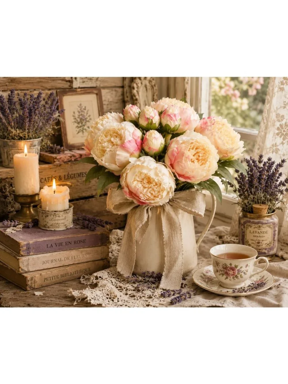 Faux Peony Bouquet Cream Pink Artificial Flowers Cottagecore Decor French Cottag